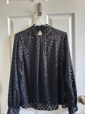 Express Black Geometric Sheer Long-Sleeve Blouse